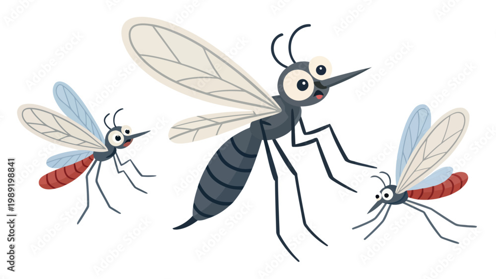 Fototapeta premium A cartoon illustration of three mosquitoes flying together in a white background