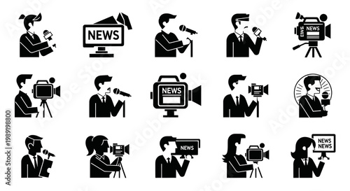 Professional News Reporter and Journalism Silhouette Set
