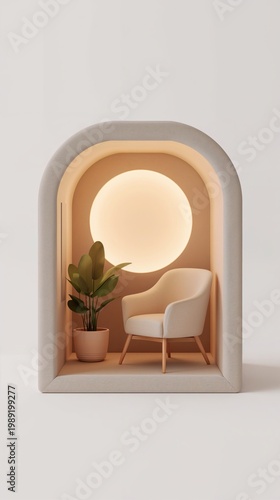 Modern cozy sitting alcove with chair and potted plant in a lit space