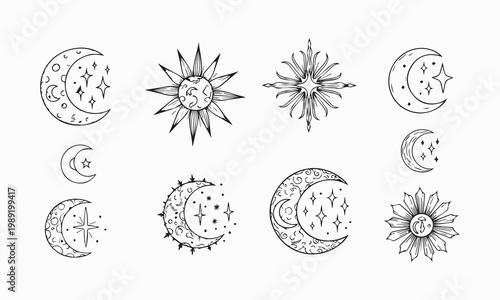 sun and moon celestial doodle illustration set