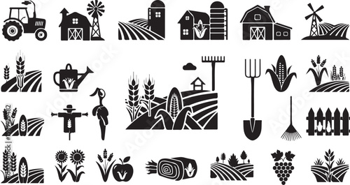 Farm icons and symbols in black and white