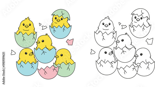 Set of cute cartoon yellow chicks hatching from colorful Easter eggs, educational coloring book page for children, vector illustration of baby birds for spring and Easter designs