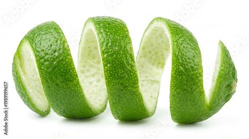 Fresh green lime slices spiraling on white background citrus fruit