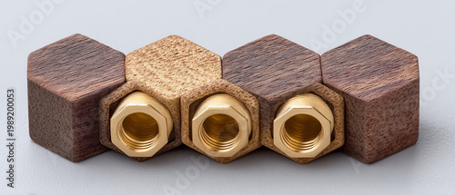 Interlocking wooden hexagonal blocks with brass threaded connectors, a modern industrial design concept