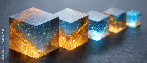 Abstract glowing cubes with dual-tone light on dark background, perfect for modern technology and data concepts.