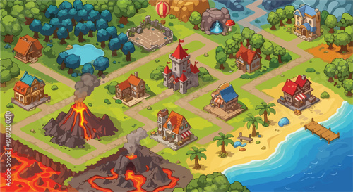 Isometric fantasy game map with medieval kingdom buildings, volcanic landscape and tropical beach. Cartoon world map vector with castle, village houses and lava mountains.