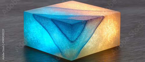 Abstract glowing cube with internal geometric structure, illuminated by dual-tone cyan and amber light on dark background.