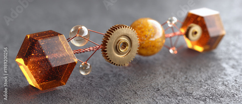 Futuristic abstract mechanism with glowing amber prisms, brass gears, and copper wires on a dark background, ideal for technology concepts.