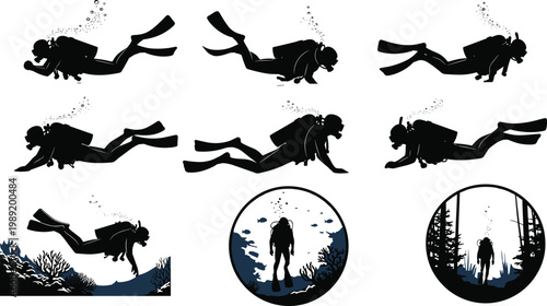 Black silhouette of professional scuba divers swimming underwater with air bubbles, coral reefs, and sea plants for commercial vector design.