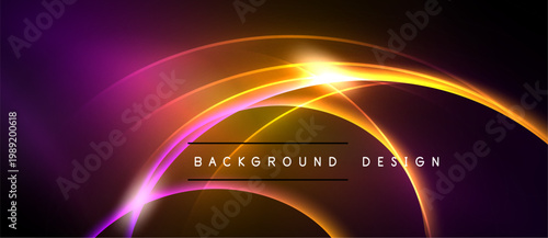Abstract glowing lines, vibrant colors, dark background. Concentric arcs create dynamic visual effect. Modern design element.