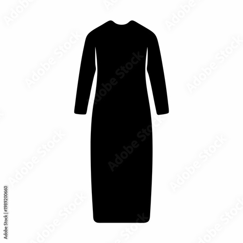 Minimalist black dress silhouette vector, elegant long sleeve maxi dress icon, modest female evening gown apparel illustration for fashion design