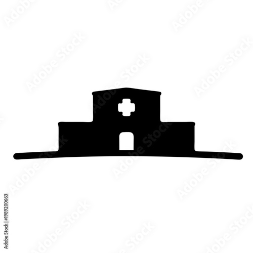 Minimalist hospital building silhouette vector, medical clinic icon with cross symbol, black healthcare facility graphic on white background