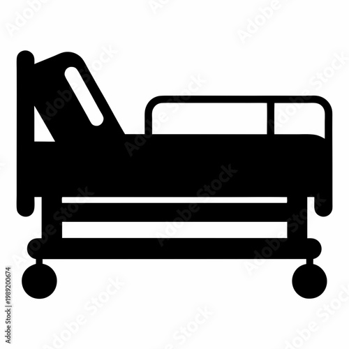 Hospital bed icon in black silhouette style, medical clinic furniture vector, adjustable patient stretcher for healthcare and emergency room use