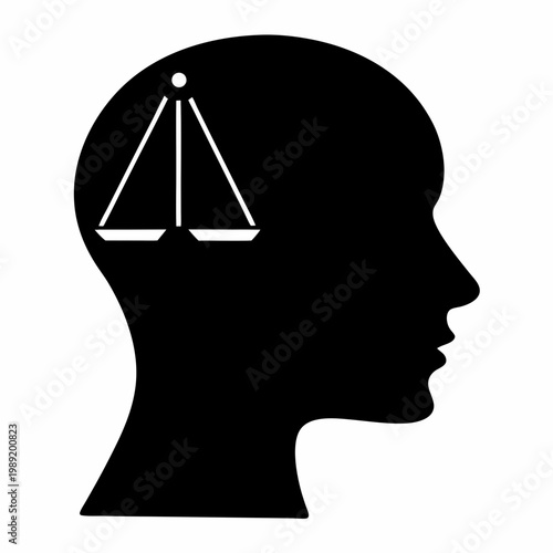 Justice and ethics concept vector, human head silhouette with scales of justice icon, legal mind and moral judgment symbol on white background