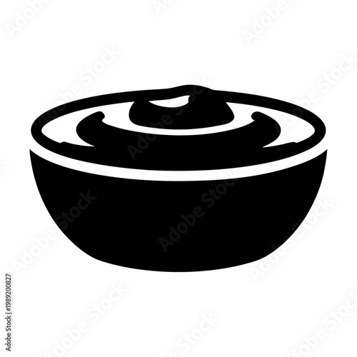Minimalist bowl of sauce vector icon, black and white condiment bowl illustration, simple dip or cream swirl silhouette for food menu design