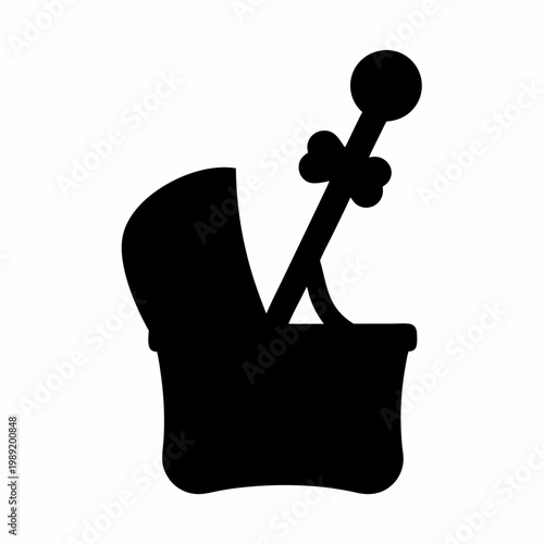 Minimalist baby rattle in cradle silhouette, black infant toy and bassinet icon, nursery equipment vector graphic for parenting apps