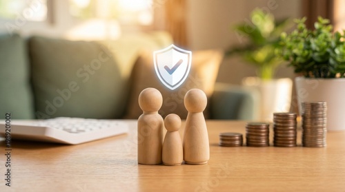 Family protection and financial security concept with wooden figures coins and shield