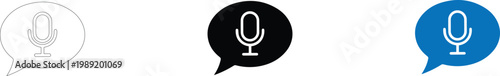  Voice Command and Audio Communication Concept, Set of Microphone Icons in Speech Bubbles for Podcasting and Voice Assistant, Online Recording and Social Media Chat Elements in Clean Line Art Style