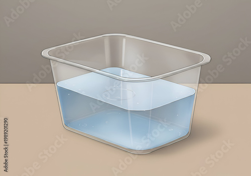 Empty clear plastic food container filled with light blue liquid. Still image of a rectangular storage container with water inside, against a neutral background.