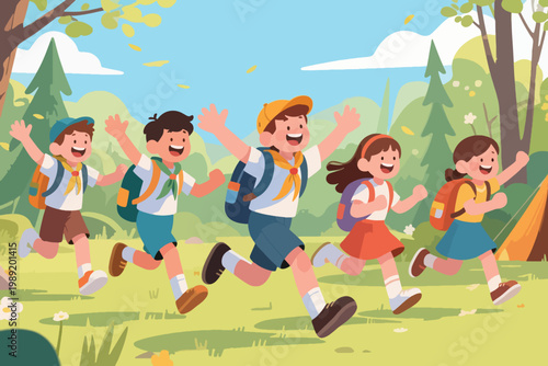 Cartoon scout children running with backpacks in grassy outdoor camp scene under sunny sky.