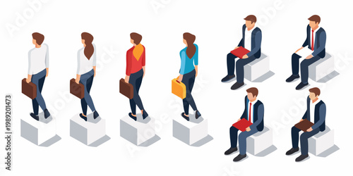 Isometric illustration of diverse business people waiting in a queue