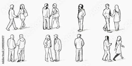 Line art illustration depicting diverse groups of people walking and conversing