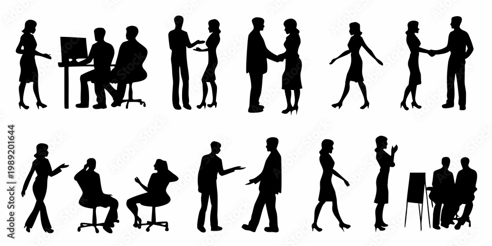 Fototapeta premium Silhouettes of people interacting in various business and social settings
