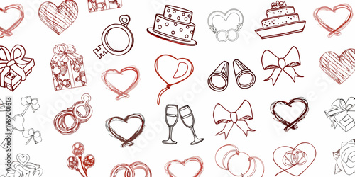 Hand drawn sketches of wedding and love themed objects fill the frame