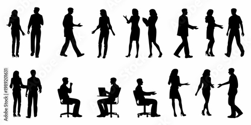 Silhouettes of diverse business people in various professional poses