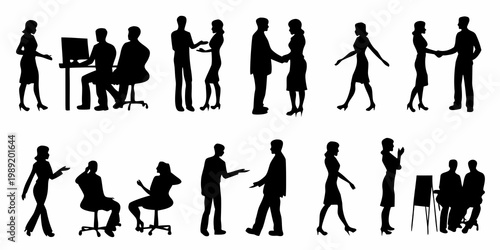 Silhouettes of people interacting in various business and social settings