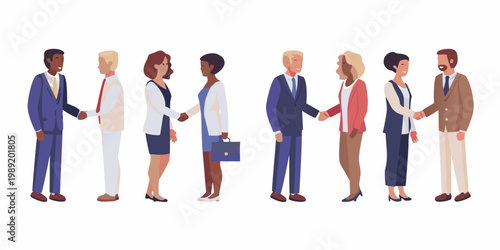 Diverse group of professionals shaking hands in a collaborative line