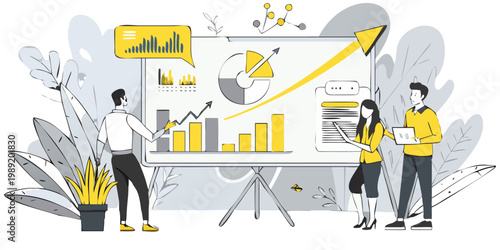 Team presenting data analysis and growth strategies with charts and graphs