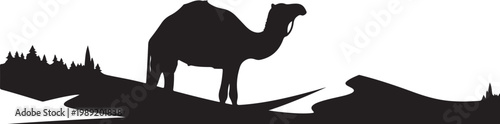 Black camel silhouette, desert landscape icon, vector graphic, animal illustration