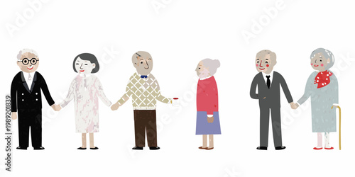A diverse group of seniors holding hands in a linear arrangement