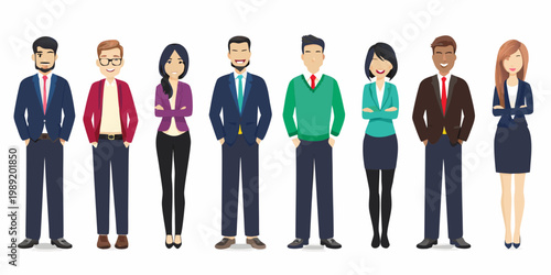 Diverse group of professionals standing together in a cheerful illustration