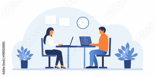 Two professionals collaborate during a meeting with laptops and plants