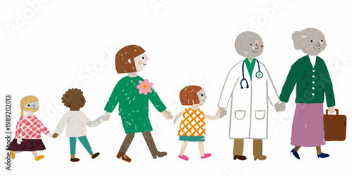 Diverse group of people spanning generations holding hands in a line