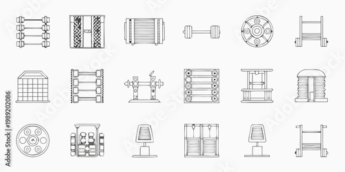 Line drawing of various gym equipment and fitness machine components