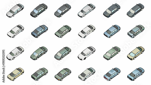 Overhead view of various compact cars in differing colors and styles