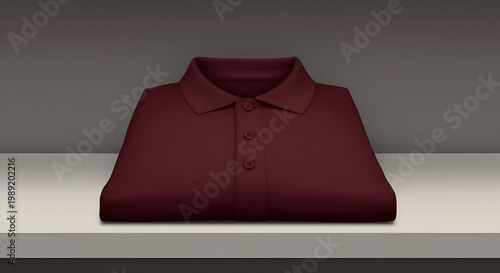 Burgundy polo shirt folded on a shelf. Product presentation on a neutral surface. Generic clothing item for retail or catalog use. unseen location.