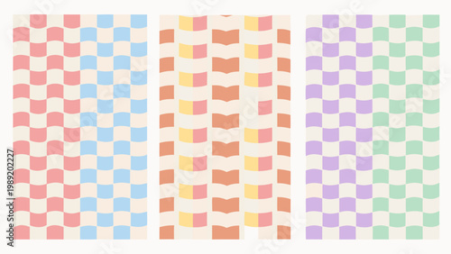 Three colorful wavy checkerboard patterns arranged vertically in a row