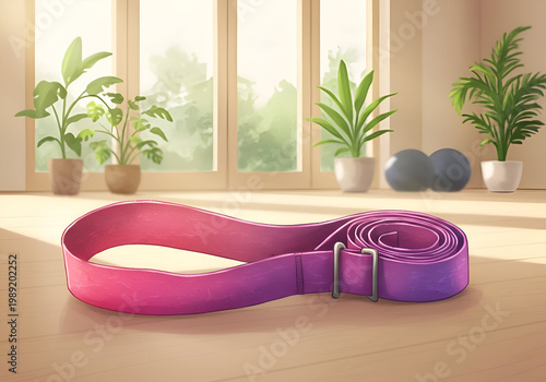 A vibrant pink resistance band rests on a light wooden floor in a bright, home gym setting. A fitness enthusiast's workout aid with a gradient color. Home gym accessory -