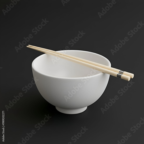 Empty white bowl with chopsticks resting atop, minimalist presentation on a dark background. Empty dishware ready for food, studio still life.