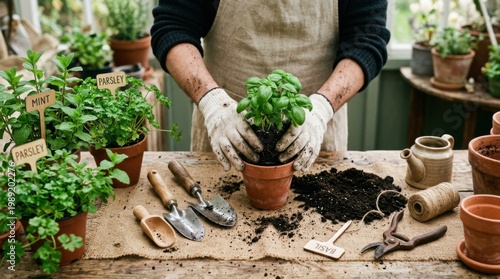 Gardener transplanting a green plant into a pot on a rustic work table
