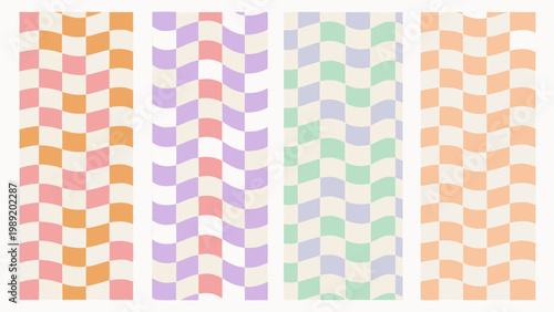 A colorful pattern of vertically arranged checkered and wavy stripes