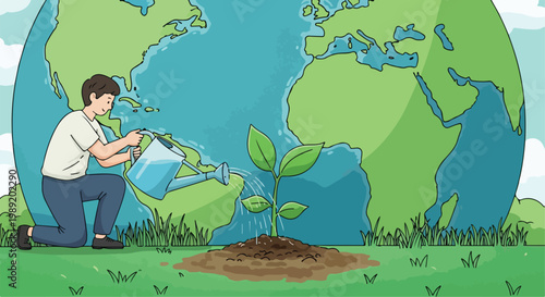 Eco-friendly environmental concept vector, man watering a young plant sprout, global earth day illustration with world map background