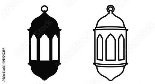 Two ornate lanterns displayed in a striking black silhouette