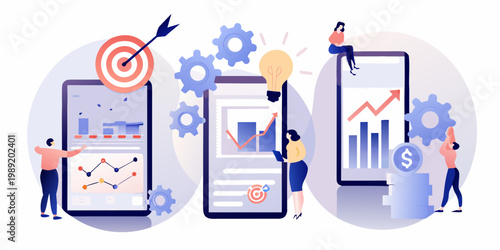 Team collaborating with data analytics and digital technology visualizations