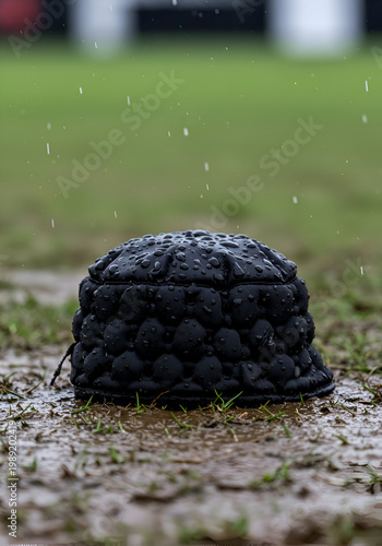 Black waterproof hat resting on muddy ground during rainy weather. Functional headwear in a sporting outdoor setting. Active participant in a wet outdoor sport.