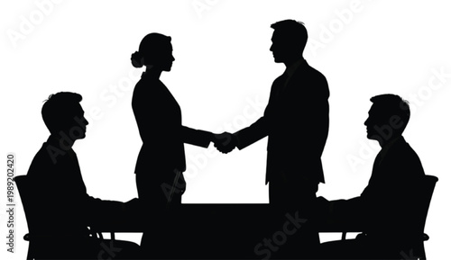 Corporate negotiation table silhouette scene with two parties facing each other handshake agreement discussion and business deal interaction setup in minimal vector style